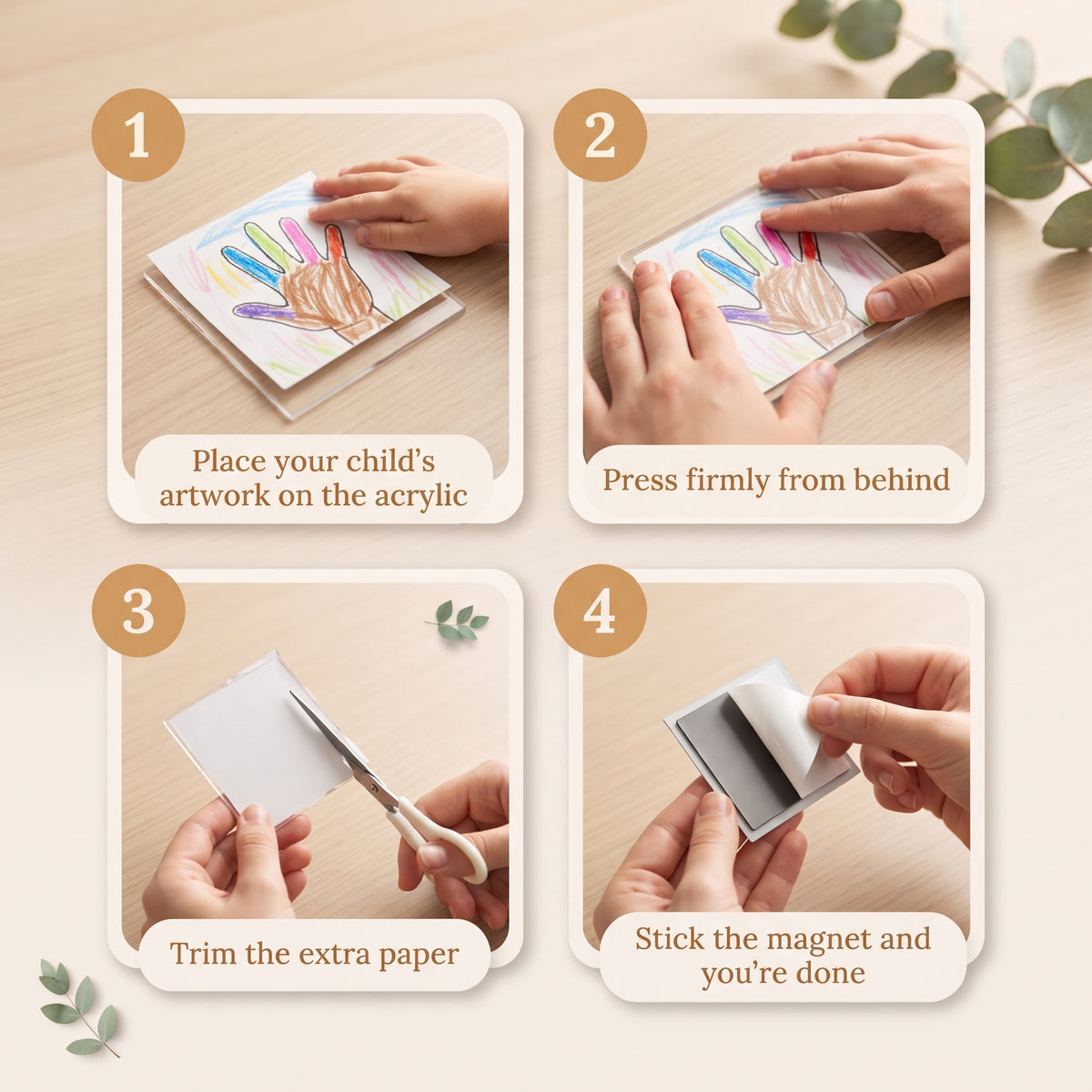 The four steps to make a Memora magnet: place the drawing, press it down, trim the paper, stick on the magnet