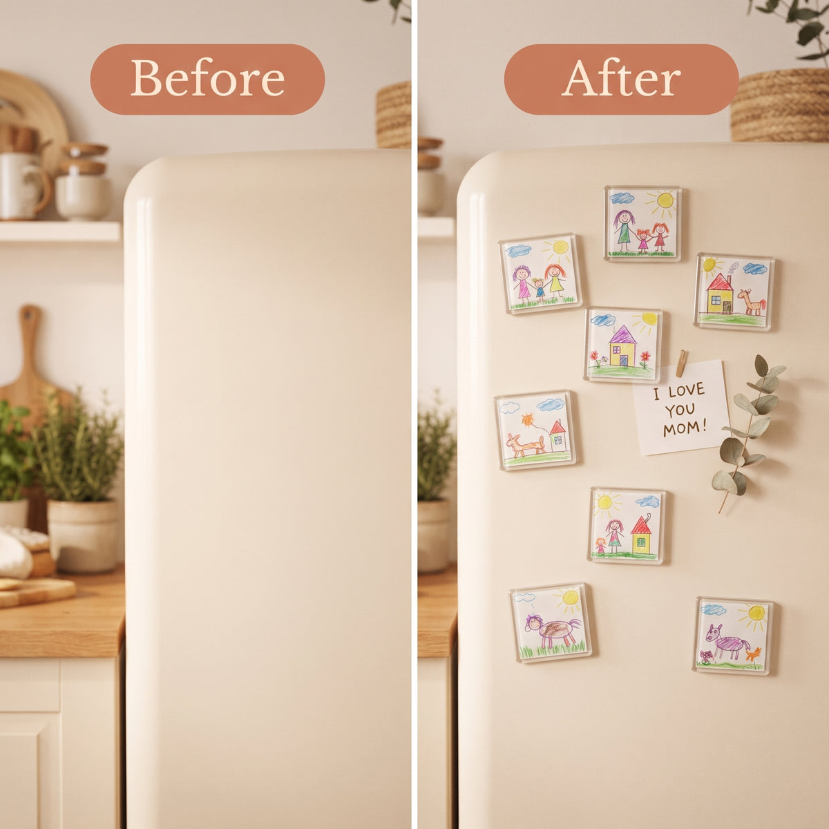 A kitchen fridge before and after: a bare cream door, then the same door covered with framed children's drawings and a handwritten note
